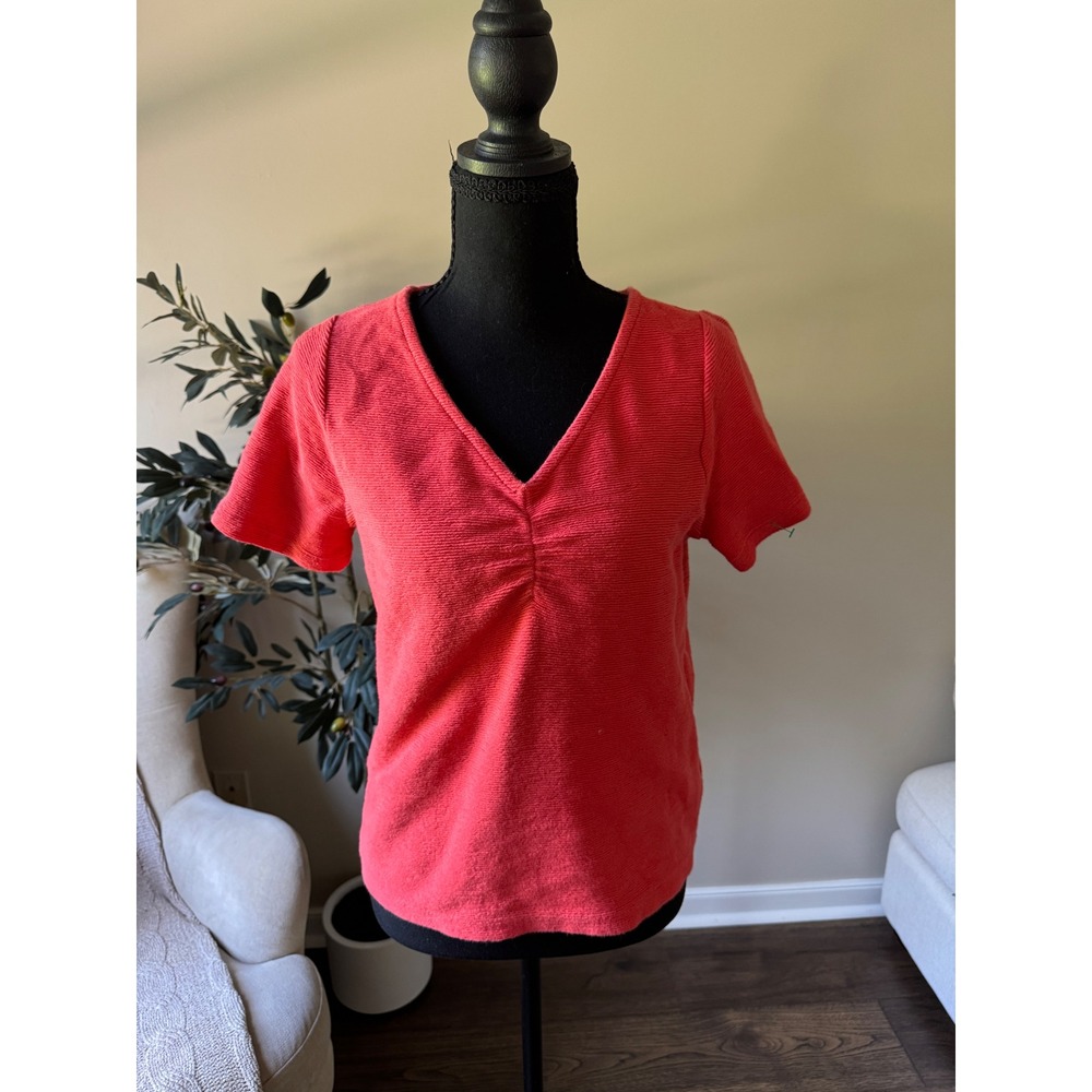 Madewell Coral Red Ribbed V-Neck Short Sleeve Cinch Front Terry Top Small